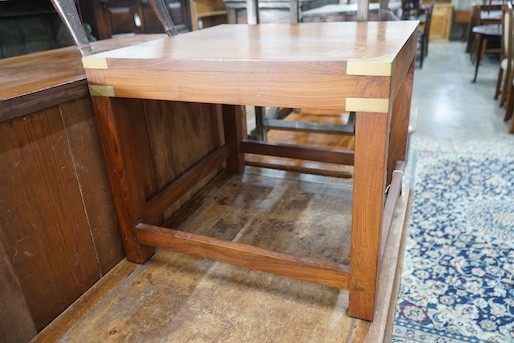 A military style brass mounted square walnut low table width 61, height 51 cms.